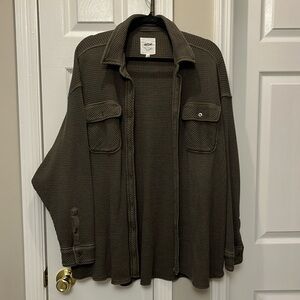 Aerie Lumberjane Waffle Button Down Oversized Top - Olive Green